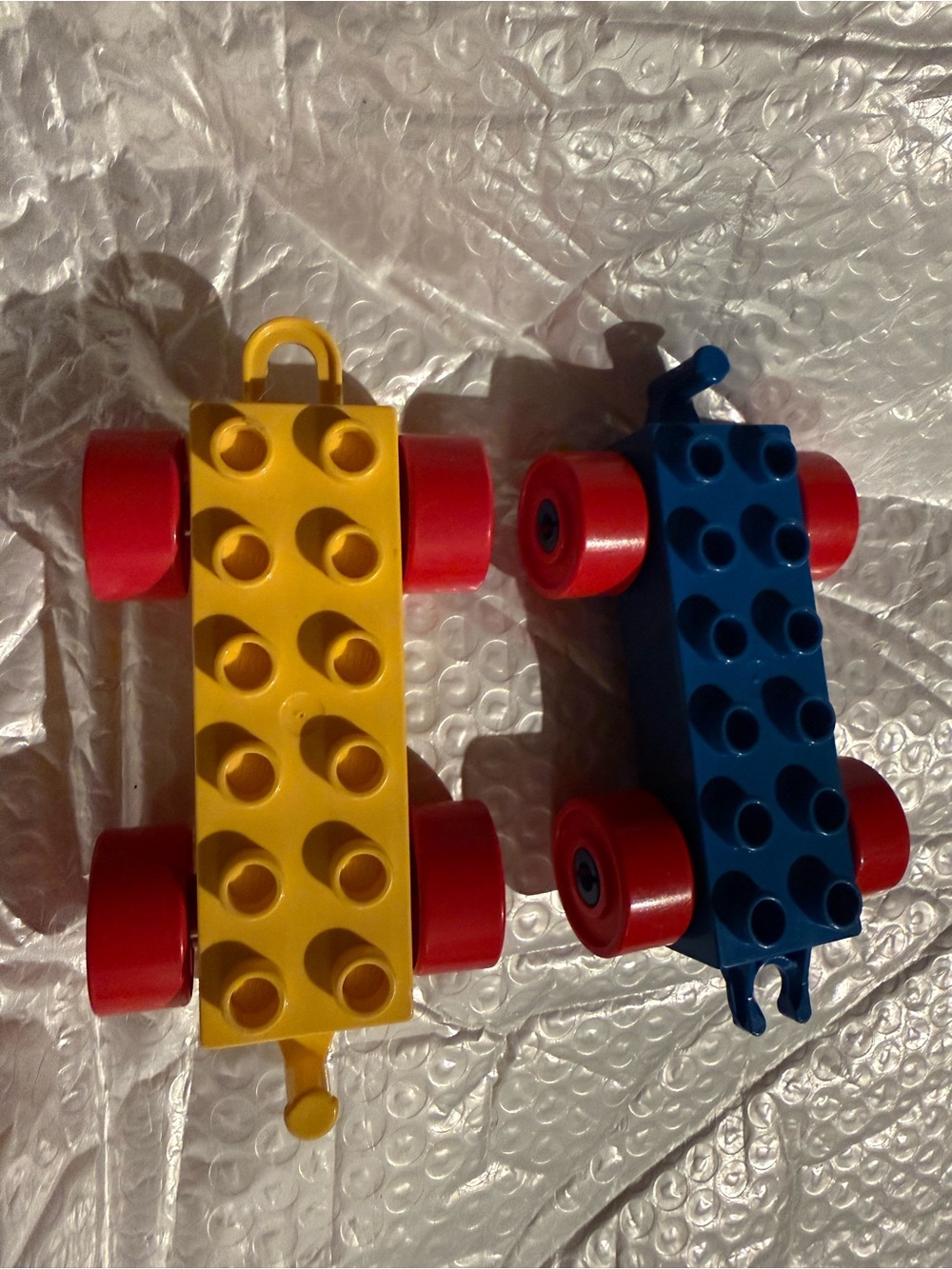 Lego DUPLO Train Cars Vehicle Base 2x6 Blue Yellow Red Chassis Wheels Lot Of 2